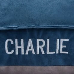 Frisco Personalized Navy Bolstered Bed With Navy Check Bolster -Chewy Store 311766 PT4. AC SS1800 V1630593985